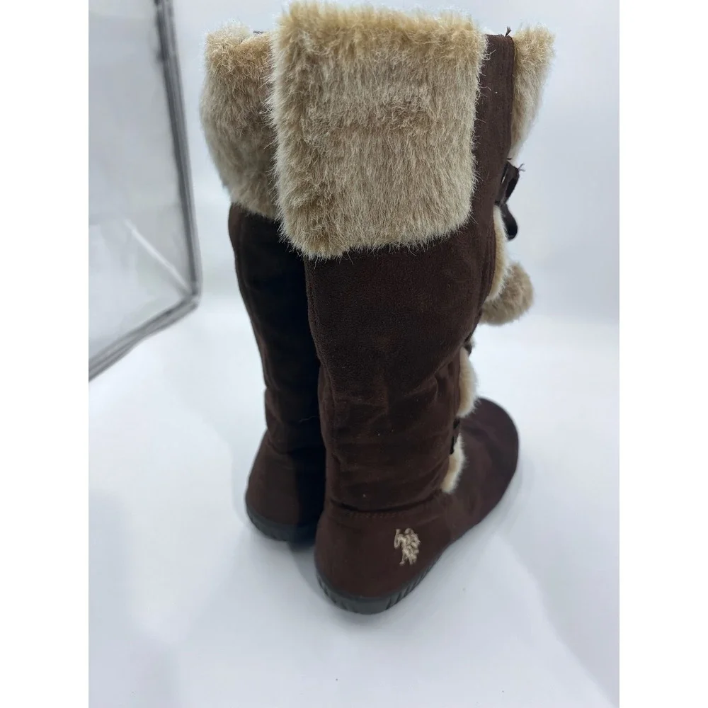 US Polo Assn Womens Jessica Brown Faux Suede Fur Pom Pom Winter Boots Size 10